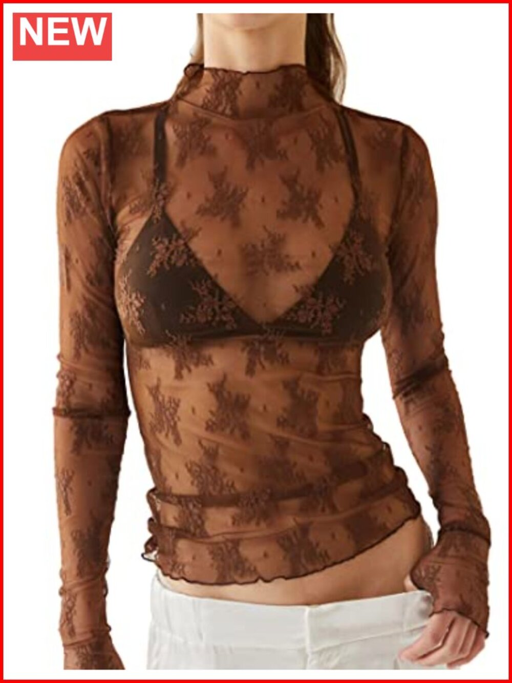 Women's Sheer Lace Long Sleeve Mock Neck Mesh Blouse Top